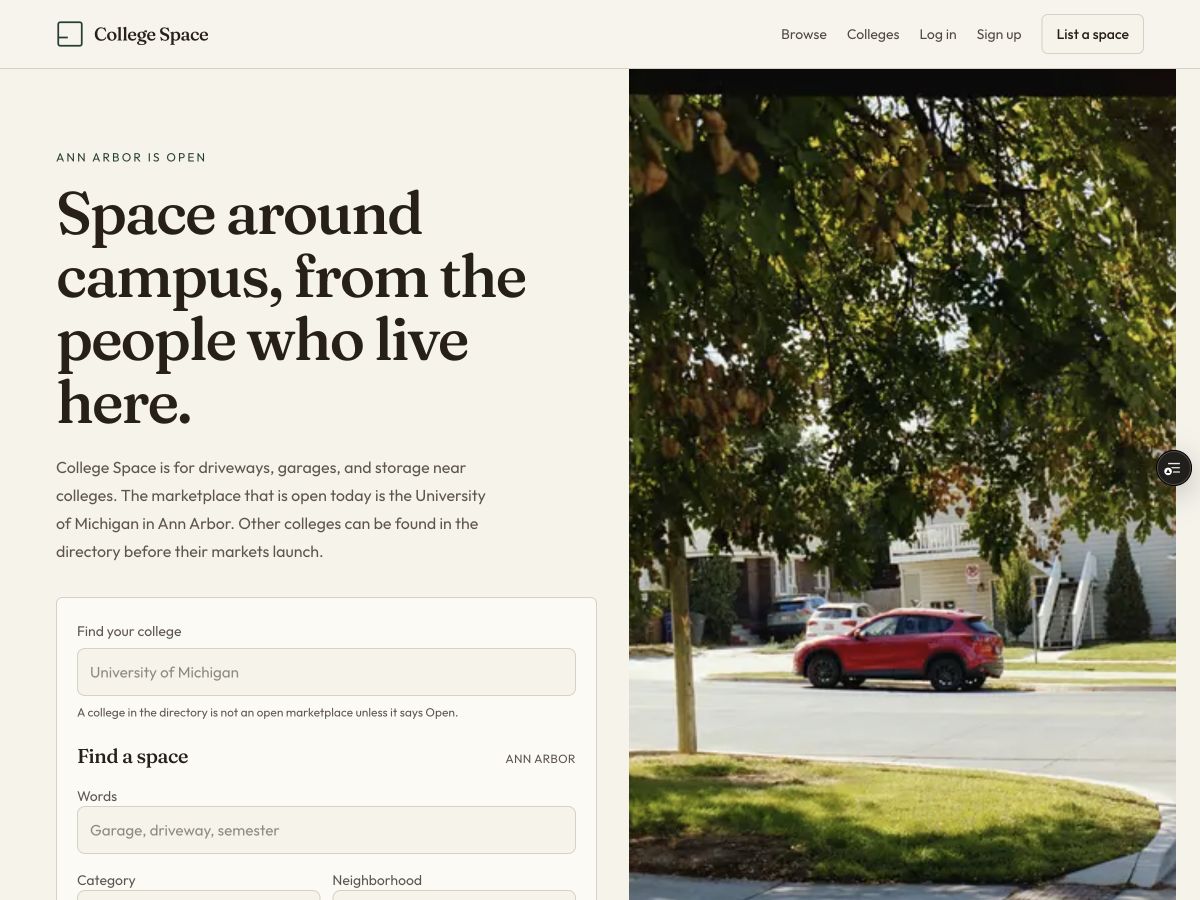 College Space development homepage showing its campus parking and storage search interface beside a residential street photograph.